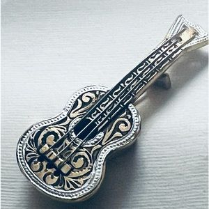 Vintage Gold and Silver Tone Guitar Brooch, Made in Spain